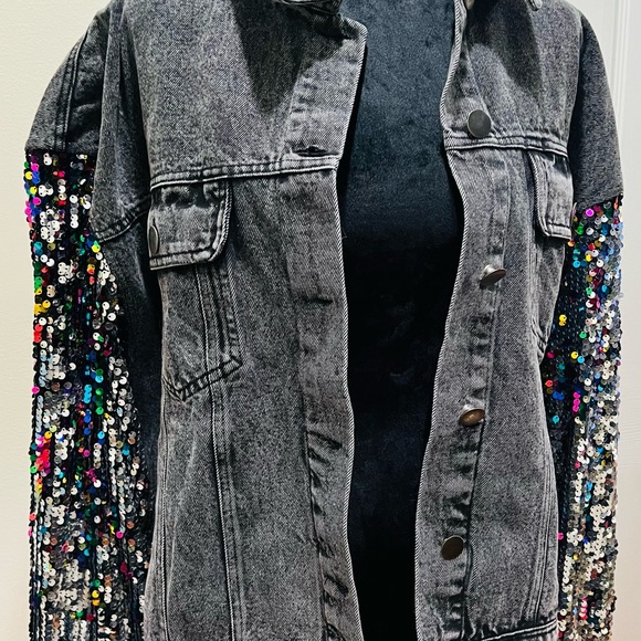 Flying Tomato Black Denim Sequin Sleeve Jacket Oversized Large NWOT - Picture 10 of 13